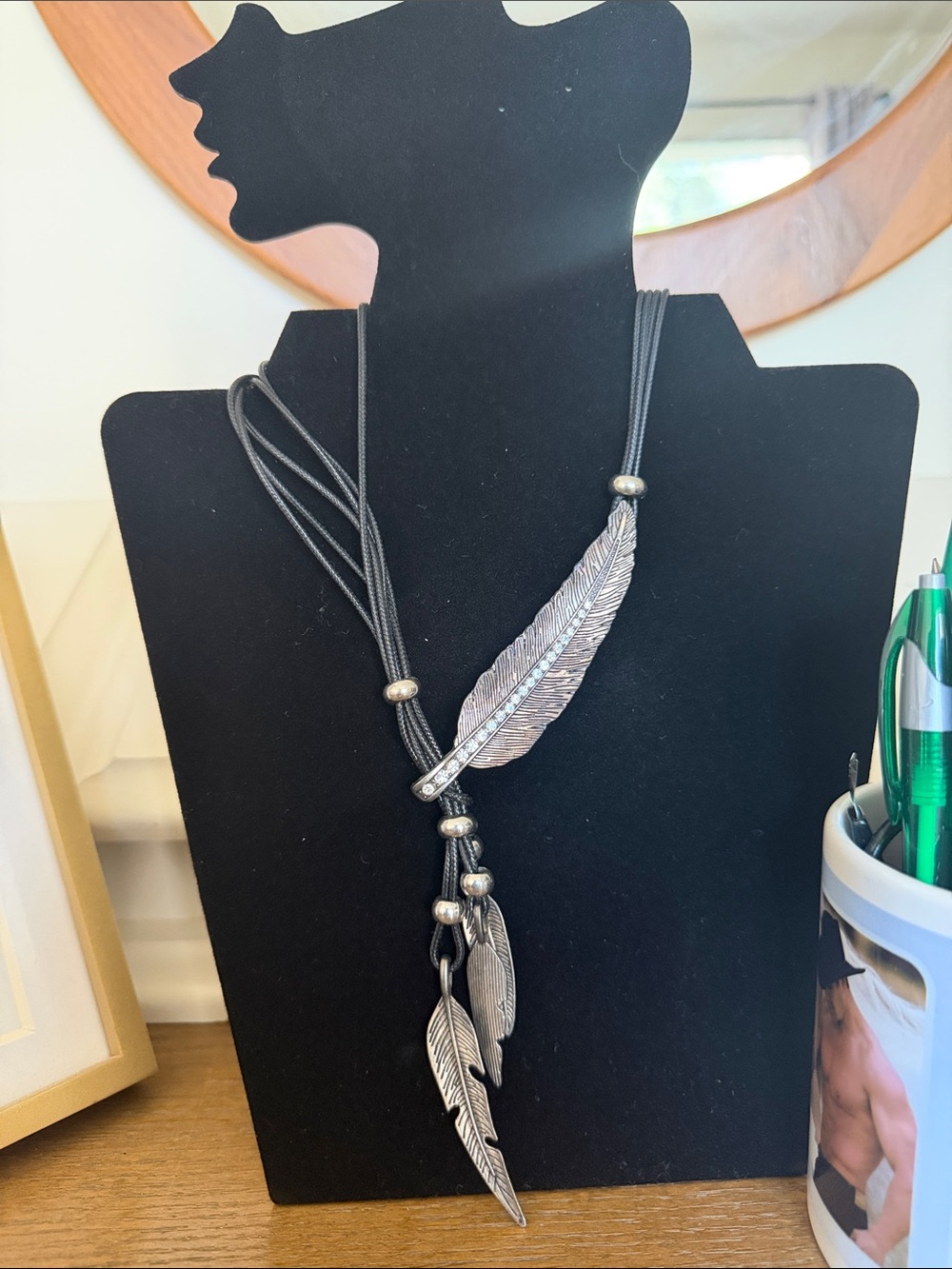 Hand Crafted Silver Feather Lariat Necklace on Black Cord